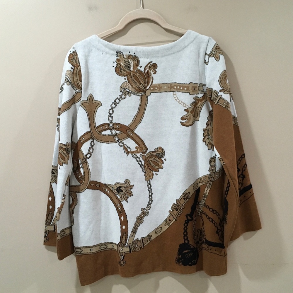 CHICO’S sweater top Women S Ivory Brown JACQUARD BATEAU NECK Equestrian - Picture 2 of 5